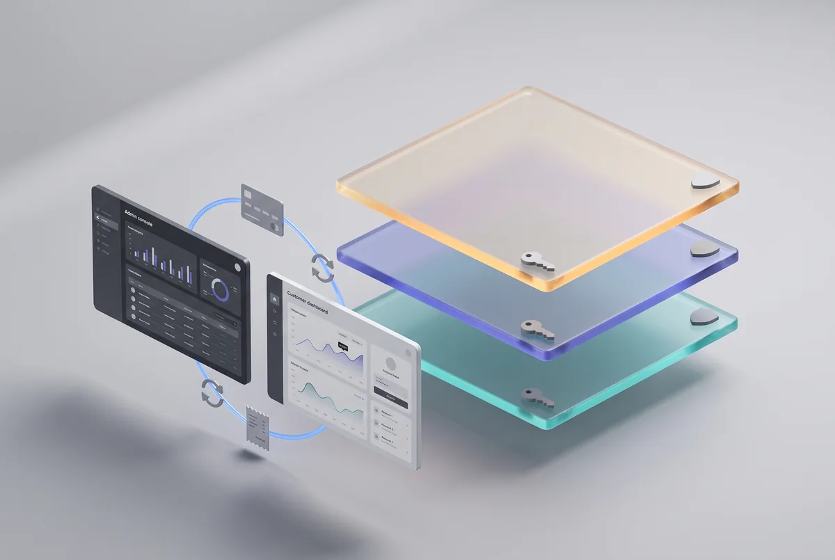 An admin console and a customer dashboard passing data round a loop, beside three tinted glass panes stacked in mid-air, each holding its own key