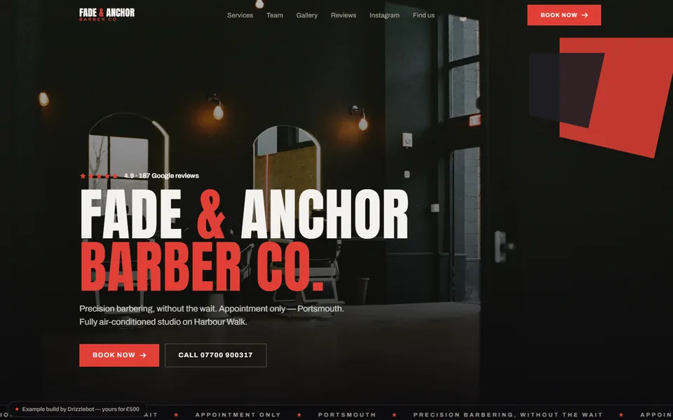 Screenshot of the example barber shop website